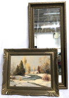 Signed Framed Original Landscape Oil Painting (20.75" x 16.75" Tall) & Large Hanging Mirror (14.8" x 34.15" Tall)