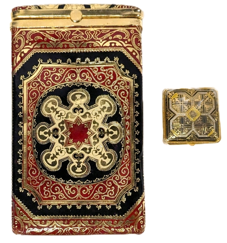 Ornate Vintage Cigarette Case (2.5" x 1.15" x 4.25" ) & Small Gold Tone Pill Case (1.15" x 1.15")