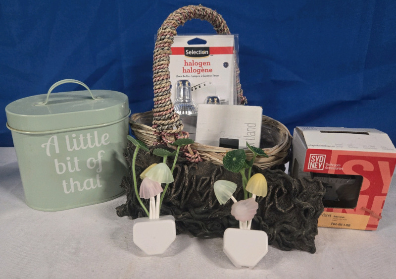 8 Pcs | Assorted Home Lot | Includes But Isn't Limited To; A Basket, Selection Halogen Flood Bulbs, A Tiny Trash Can, 2 Nightlights & More