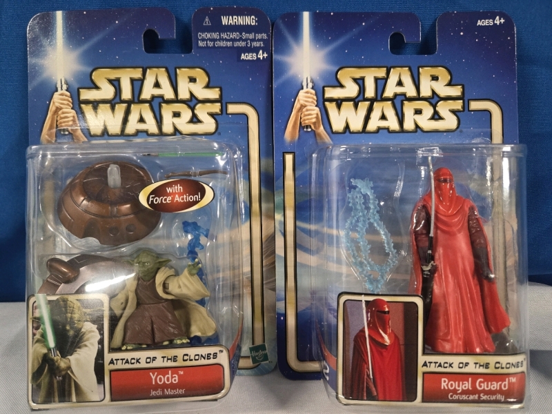 2 Vintage Sealed | Starwars Attack Of The Clones Action Figures | Jedi Master Yoda 2" Tall & Coruscant Security Royal Guard 5" Tall