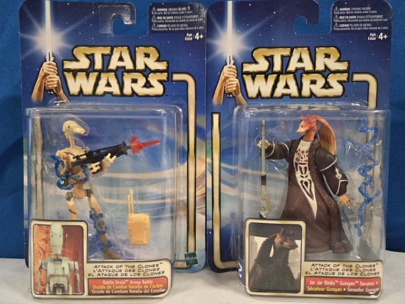 2 Vintage Sealed | Starwars Attack Of The Clones Action Figures | Battle Droid Arena Battle 4" Tall | Jar Jar Binks Gungan Senator