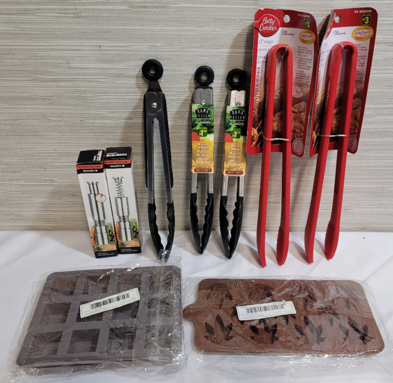 New - Kitchen Lot - Two (2) Push Button Pepper Mills , Two (2) Rubber Ise Cube Trays & Five (5) Tongs