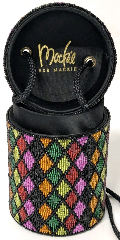 Stunning BOB MACKIE Fully Beaded Multicolor Glass Bead Cylinder Purse | 3.6" Diameter x 5.75" Tall, 22" Drop Handle