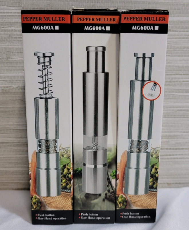 New - One-Hand Push Button Pepper Mill , Silver . Three (3) Pepper Mills