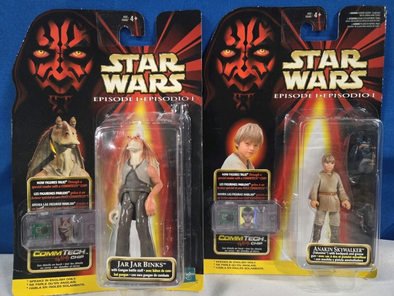 2 New Vintage Sealed | Star Wars Episode 1 Action Figures With Comm Tech Chips For Voice Activation | Jar Jar Binks 4.5" Tall | Anakin Skywalker 3.5"