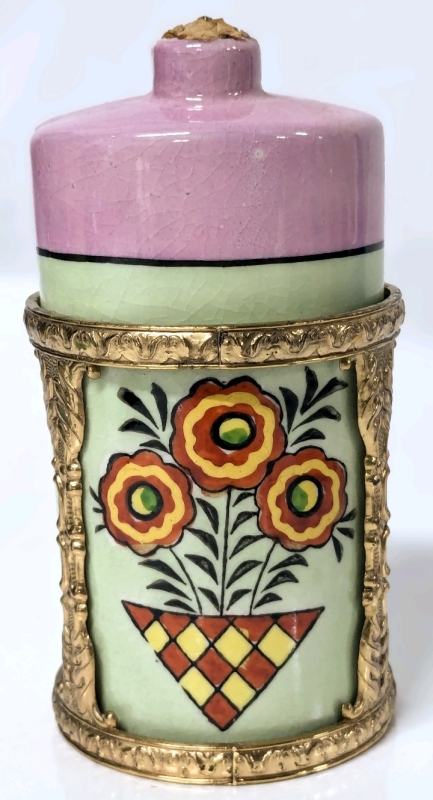 Early Japan Handpainted Double Snuff Bottles in Brass Holder | 2.75" Diameter x 5" Tall when Assembled