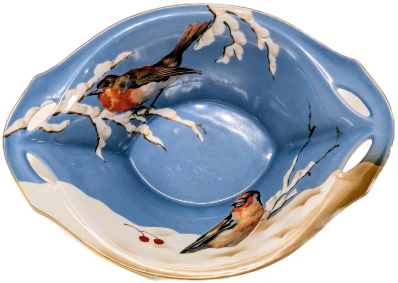 Gorgeous RS Tillowitz Sitesia Winter Scene w Robin & Goldfinch Footed Bowl | 9.25" x 6.75" x 3.5" Tall