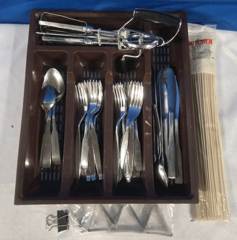 Assorted Kitchen Utensils Lot | Includes But Isn't Limited To; A Silverware Organizor, 25+ Kitchen Utensils ( Forks, Knives , Spoons ) | & A Hand Crank Whisk