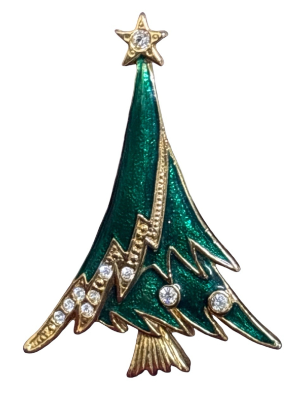 Green enamel + Rhinestone Christmas Tree Vintage Brooch.