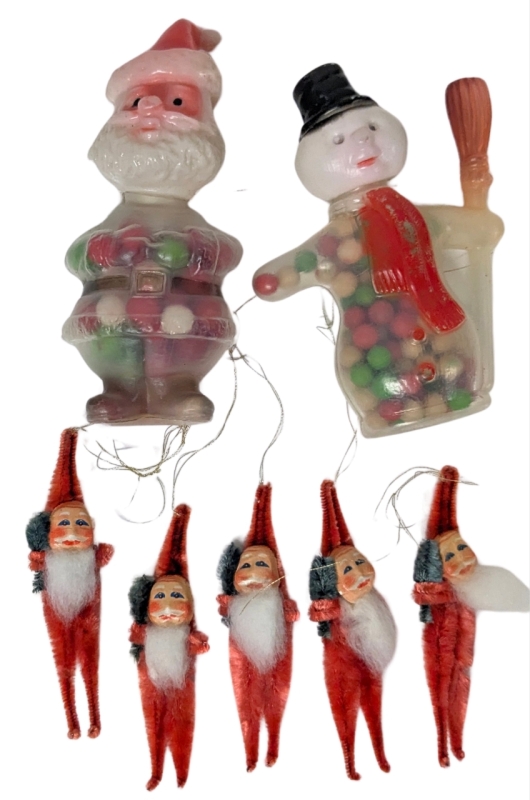 Vintage & MCM Christmas | 5 Chenille & Clay Face Pipe Cleaner Santa Gnome Ornaments (3" ea) & 2 1970s Santa & Frosty Candy Containers Made in Hong Kong w Contents (4.25" Tall ea)