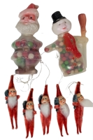 Vintage & MCM Christmas | 5 Chenille & Clay Face Pipe Cleaner Santa Gnome Ornaments (3" ea) & 2 1970s Santa & Frosty Candy Containers Made in Hong Kong w Contents (4.25" Tall ea)