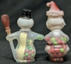Vintage & MCM Christmas | 5 Chenille & Clay Face Pipe Cleaner Santa Gnome Ornaments (3" ea) & 2 1970s Santa & Frosty Candy Containers Made in Hong Kong w Contents (4.25" Tall ea) - 6