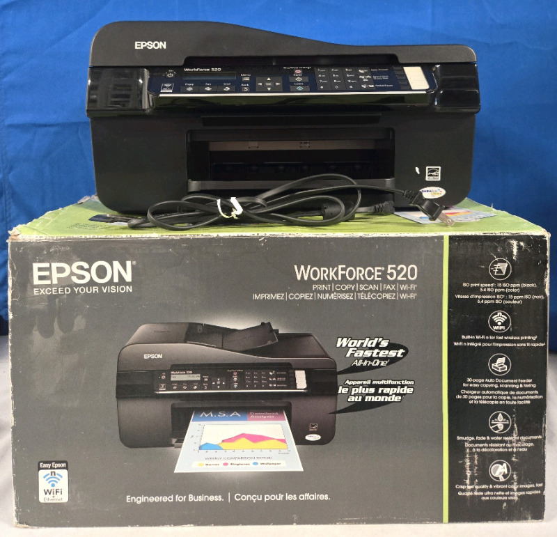 Epson | Workforce 520 Worlds Fastest All-In-One | Print, Scan, Copy, Fax, Wifi | ISO Print Speed 15 ISO PPM * Tested For Power *