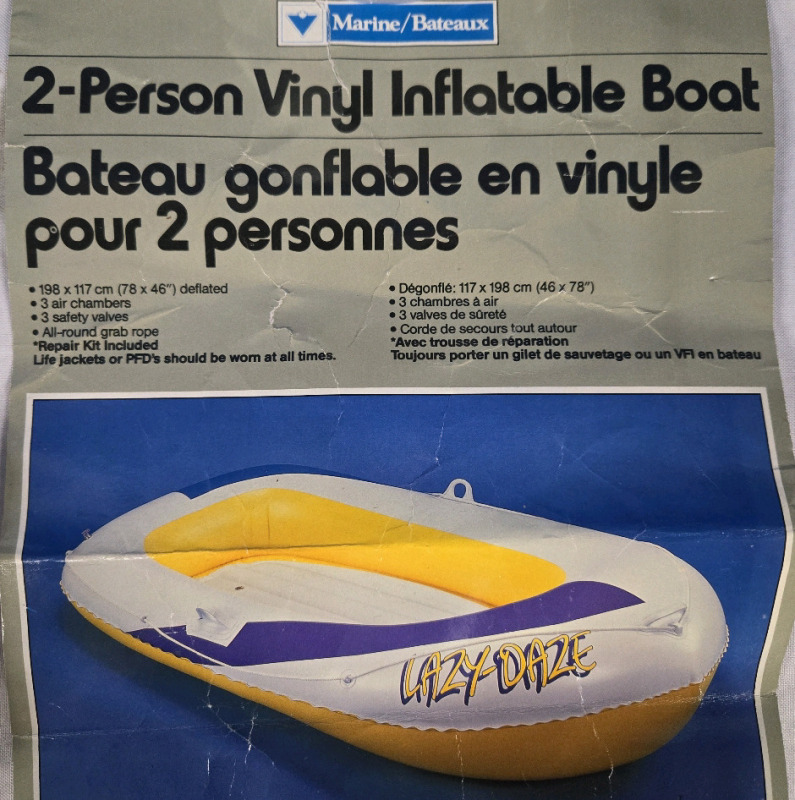 Marine | 2 Person Vinyl Inflatable Boat | " Lazy Daze " | Measures 78" x 46" Deflated | 3 Air Chambers & 3 Saftey Valves | All Round Grab Rope & Repair Kit/ Patch Stickers