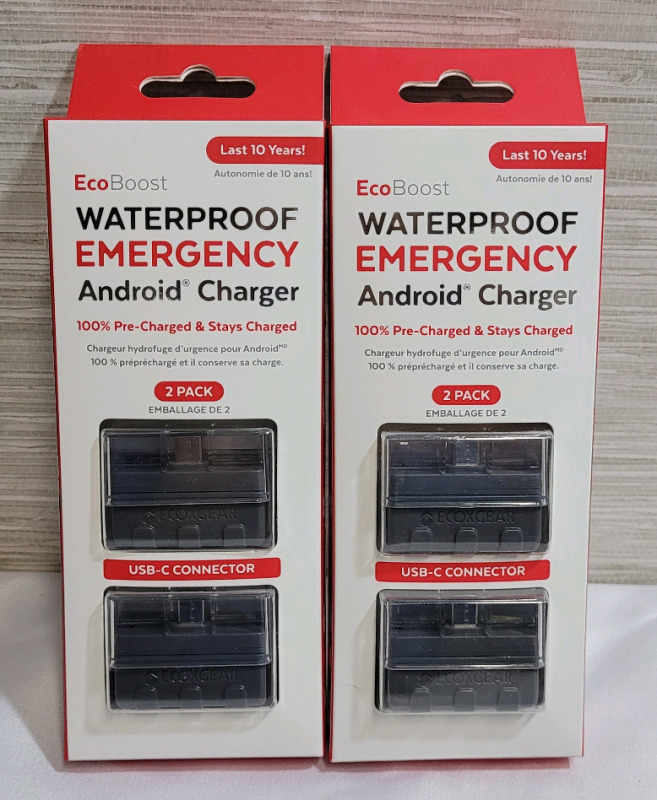 New - EcoBoost USB-C Waterproof Emergency Android Charger . Two (2) - 2-Packs