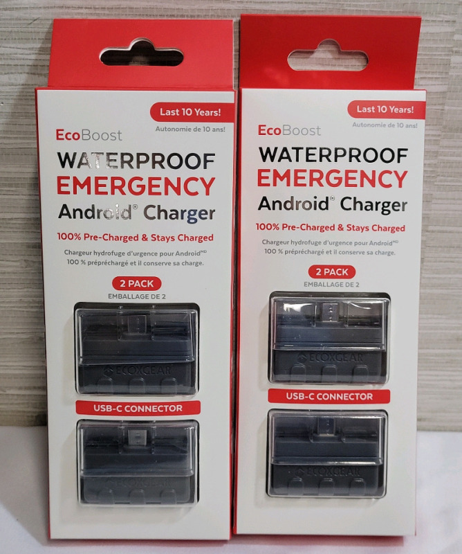 New - EcoBoost USB-C Waterproof Emergency Android Charger . Two (2) - 2-Packs