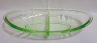 Vintage Uranium Glass Divided Nut / Candy Dish . Measures 1 5/8" tall & 9 1/4" wide . Small minor tiny chips / niks on bottom edge