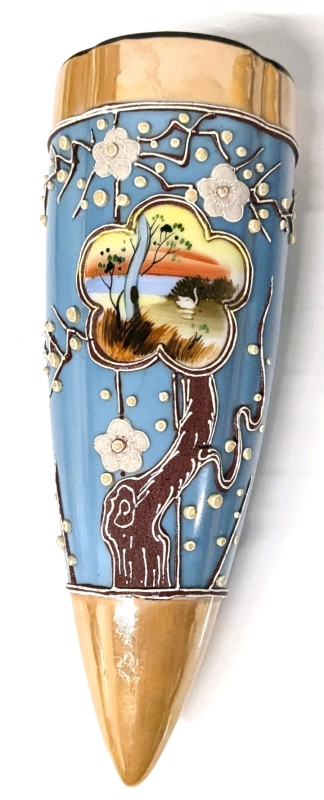 Stunning Vintage Japanese Porcelain Wall Pocket Vase w Applied Tree, Flowers & Blooms | 3.15" x 2.9" x 9.25" Long