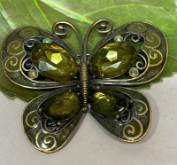 Large Butterfly Vintage Olivine Green Prong Set Cabochons & Enamel Brooch