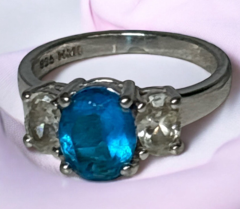 925 Sterling Simulated Aquamarine and Crystal Ring Signed HMI Size 7<br/>