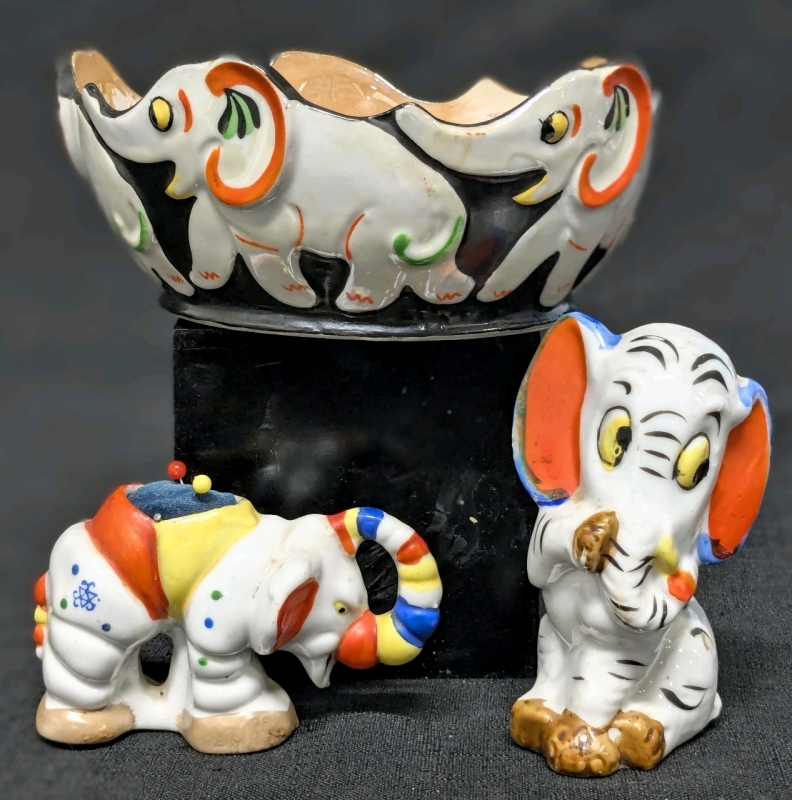 Vintage Japan | Lusterware Elephants on Parade Bowl (6" D x 2.5" Tall), Elephant Figure (4") & Elephant Pin Cushion (3.5" Long)