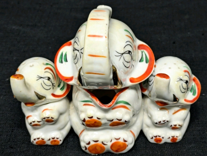 Rare Japan Lusterware Triple Elephant Caddy with Creamer, Salt & Pepper Shakers | 5.25" x 4.5" Tall