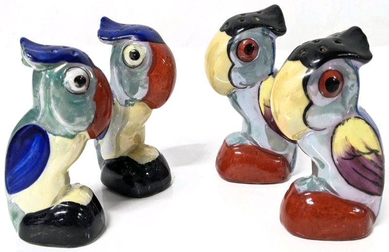 2 Pairs Japan Lusterware Porcelain Parrot Salt & Pepper Shakers | 3.6" Tall ea