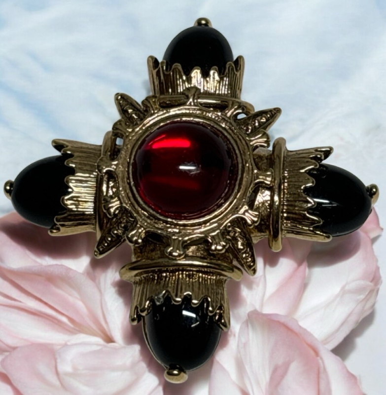 Maltese Cross Red Ruby and Black Pearl Glass Cabochons Brooch