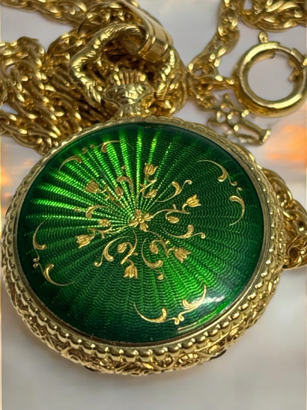 Guilloche Green Enamel Caravelle Pendant Pocket Watch Crown Trifari Chain