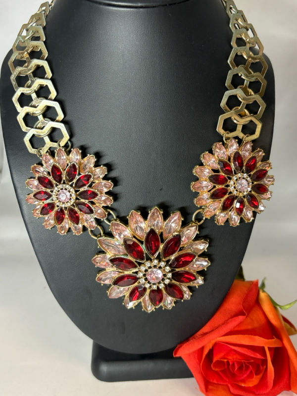 Statement 3 Tiered Soft Blush Red Navette Rhinestone Necklace