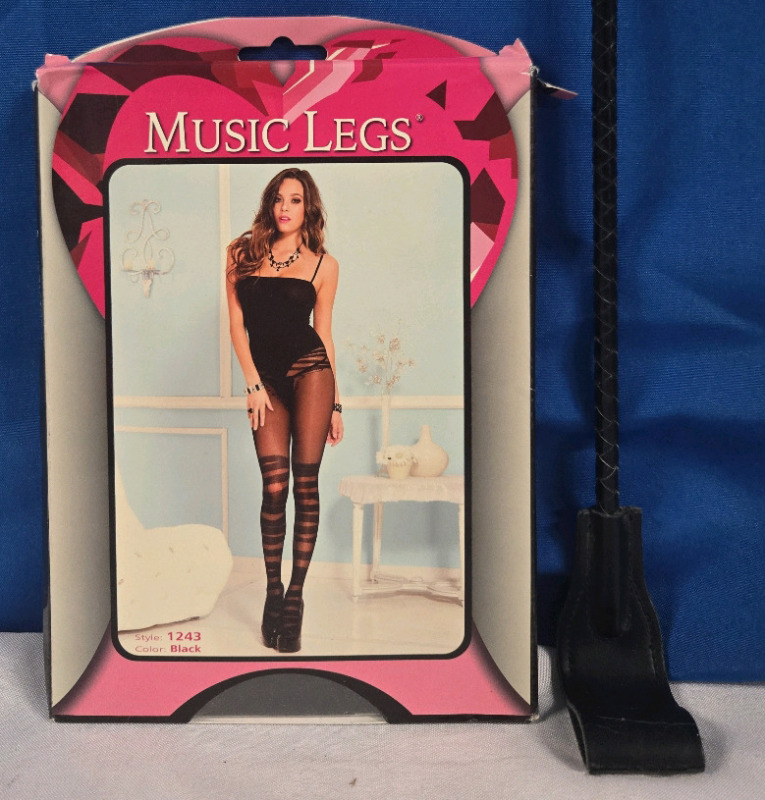 *2 Pcs New Adult BDSM* | Music Legs Lingerie | One Size Fits Most ( 5' - 5'10" ) Teddy & Bandage Stocking Look, Crotchless Bodystocking & Leather Like Crop For Whipping 25.5" Long