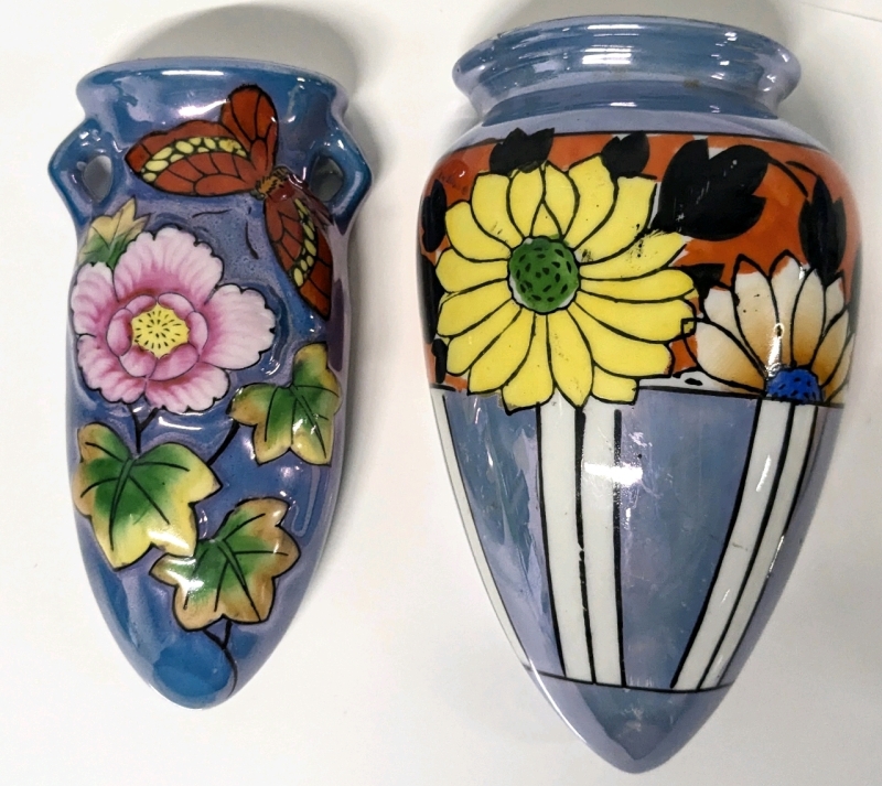 2 Japan Lusterware Porcelain Floral Wall Pockets | 5.5" - 6.25" Long