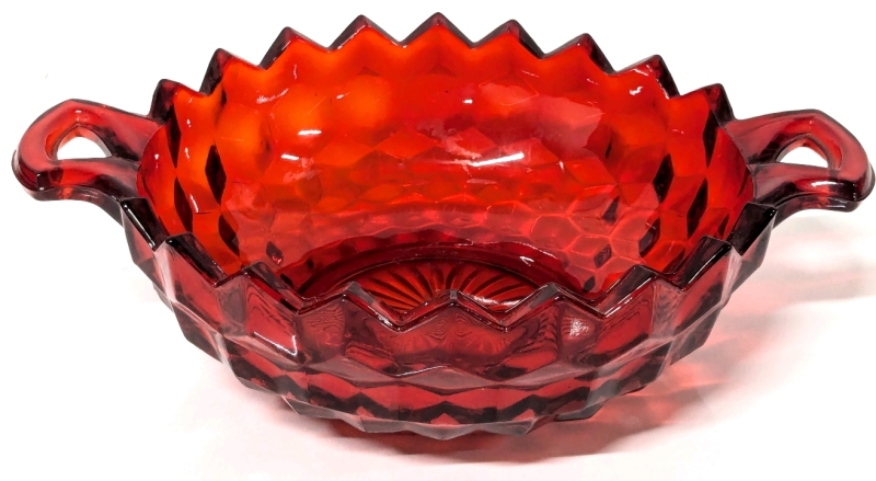 Gorgeous Fostoria Ruby Red Glass Handled Bowl | 10" x 7.25" x 3" Tall