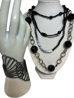 Statement Wide Black Fanned Bracelet Hematite Star and Beaded Necklaces