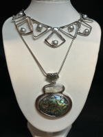 Abalone Large Pendant Necklace + Reverse Triangle Faux Grey Pearl Necklace