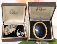 3 Vintage Brooches incl Signed Bond Boyd Sterling Silver (1" x 1"), Lovely Possibly Antique Silver* Filigree Fan with C Clasp (2" x 1") & Large Open-Back Cab in Gold Tone Setting (1.5" x 2")