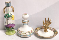 Vintage Ladies Dresser Lot Nippon Hand-Painted Ring Holder & Schmid Perfume Bottle +