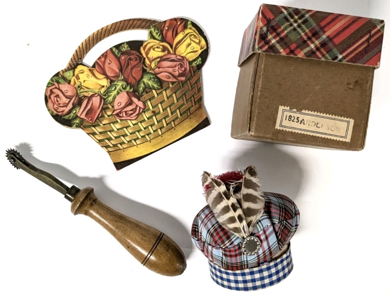 Vintage Tartan Bagpiper's Pin Cushion w Original Box, Sewer's Tracing Tool & Harriet's Sewing Needle Kit