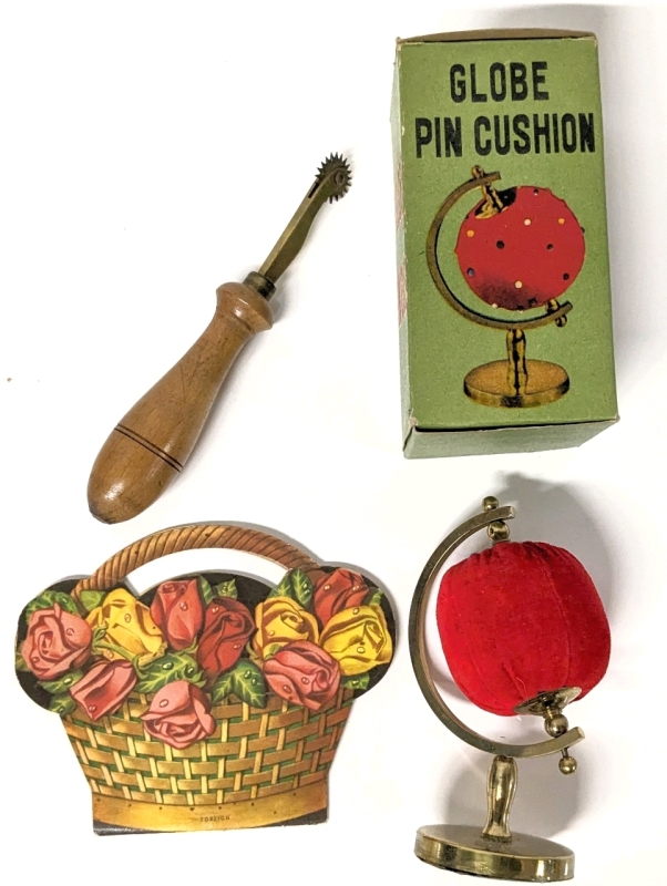 Vintage Spinning Globe Pin Cushion w Original Box (Made in Japan), Sewer's Tracing Tool & Harriet's Sewing Needle Kit