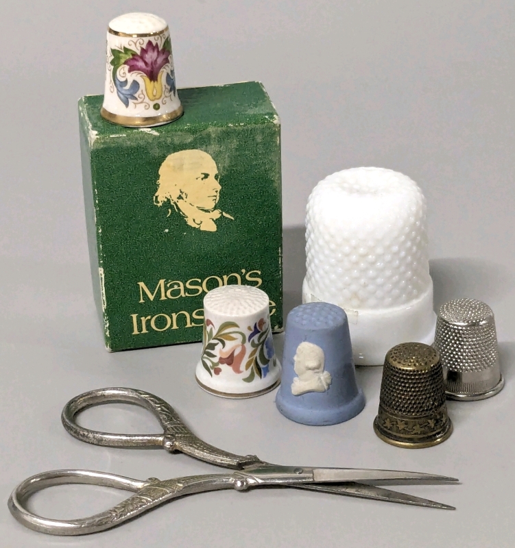 Vintage Thimbles | Mason's Ironstone w Original Box, Wedgwood, Avon, Oversized Milk Glass & Fancy Scissors | Thimbles up to 1.75" Tall