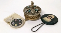 2 Vintage Hand Mirrors & Trivet Box with Fancy Mismatched Lid w CZ Rhinestones & Open-Back Green Stones | Box Measures 3.4" Diameter x 4" Tall