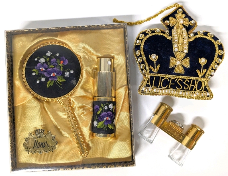 Rare Binocular-Shaped Mini Perfume Bottle-Holder, Jlona Embroidered African Violet Mirror & Perfume Bottle Gift Set + Intricately Beaded Hanging Plush Crown "Alice's Shop"