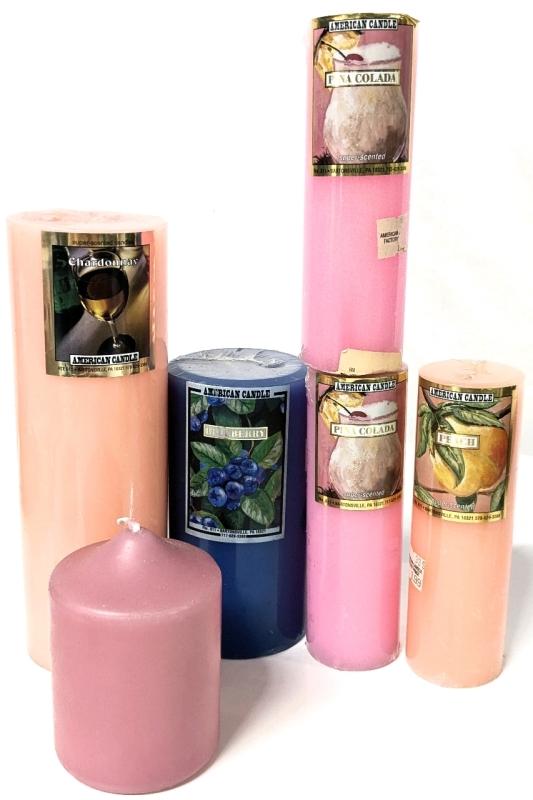 6 New, Old Stock Scented Pillar & Chunky Candles | Chardonnay, Blueberry, Pīna Colada, Peach & Unknown | 4" - 8.75" Tall