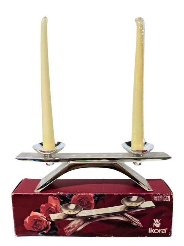 Mid Century Modern WFM IKORA EP Brass German Candelabra | 12.6" x 1.5" x 13.5" Tall (with Candles)