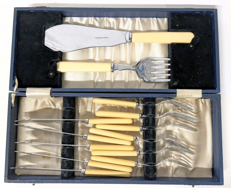 Vintage Stainless Chromium Plated | 5 Fish Knifes, 6 Forks, Serving Knife & Fork Partial in Case | Case Measures 13.4" x 5.8" x 2.75"