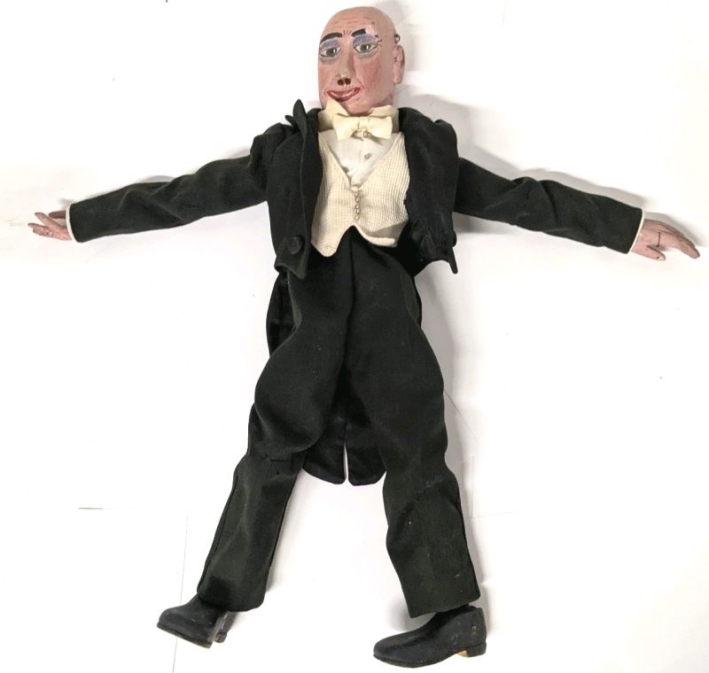 Vintage Wooden Jointed Old Man Marionette with Suit & Coattails | 18" Long