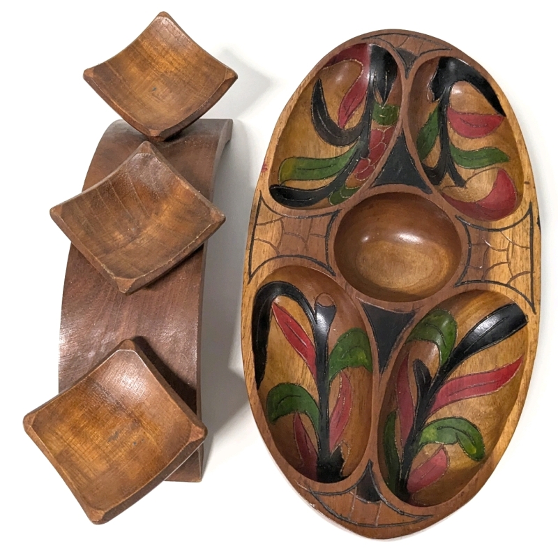 Gorgeous Handpainted Wood Oval Snack Dish & Wood Arched Candelabra for 3 Round Candies | Dish 7.25" x 13.5"