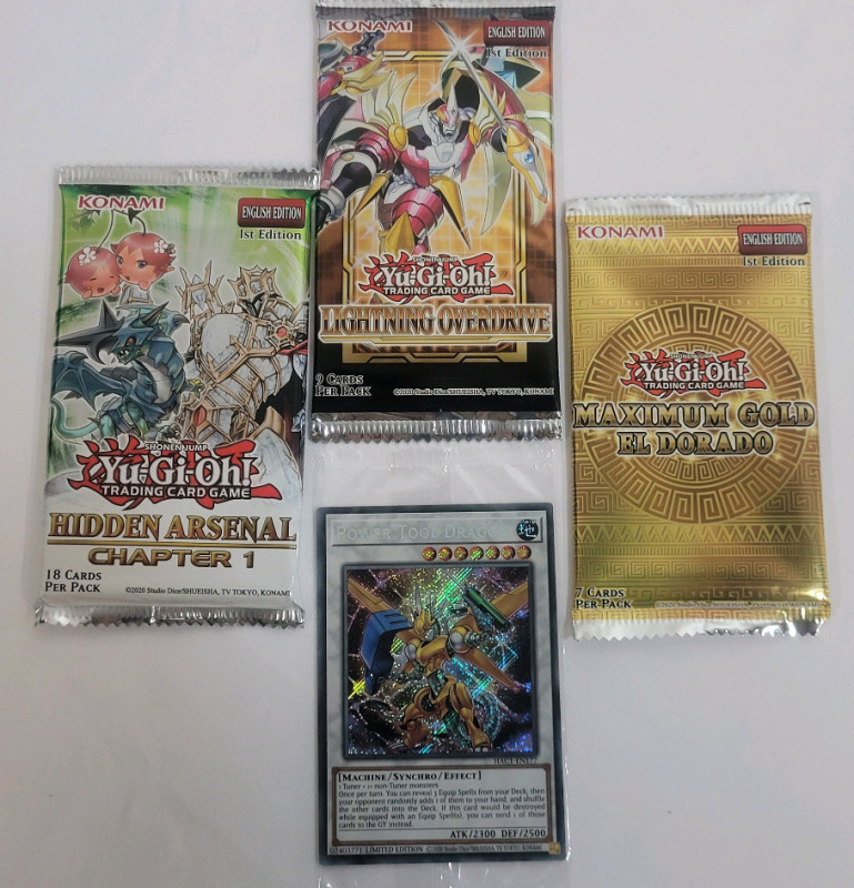 New , Sealed - Yu-Gi-Oh! Trading Card Game Card Packs , 1st. Edition . Hidden Arsenal , Lighting Overdrive & Maximum Gold plus Power Tool Dragon Game Card , Sealed