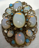 Stunning Repousse Moonstone Glass Opaque Rhinestone Brooch Vintage