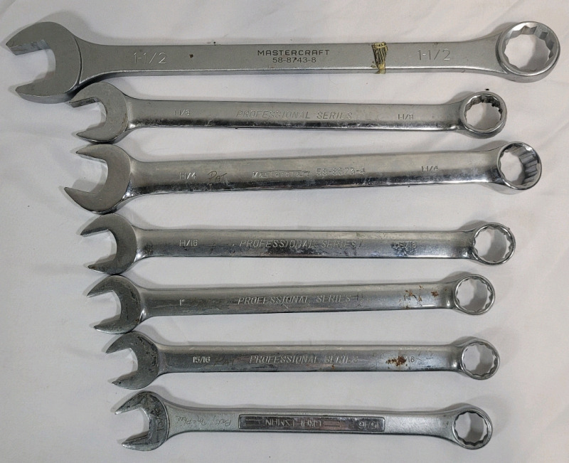 7 Mastercraft & Professional Series 15/16" to 1.5" Wrenches